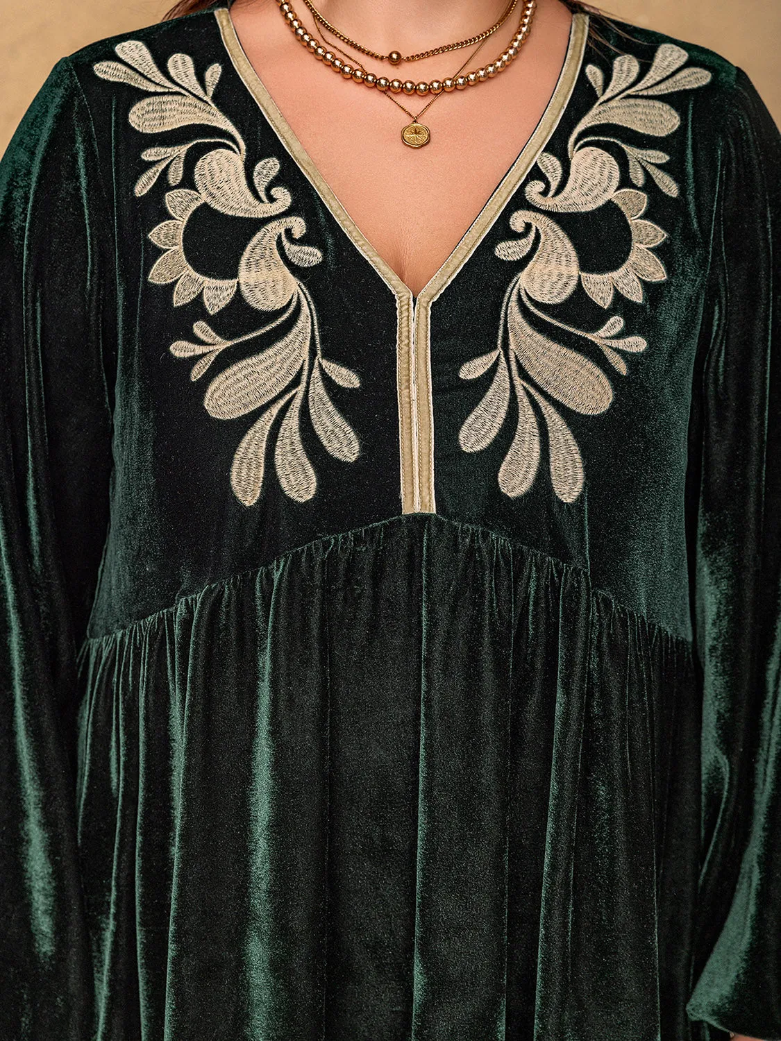 Embroidered V-Neck Long Sleeve Dress