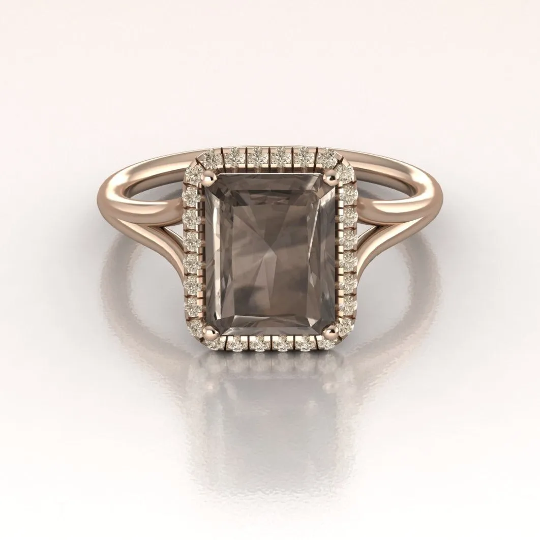 Emerald cut Smoky Quartz Engagement Ring Diamond Halo 14K Rose Gold