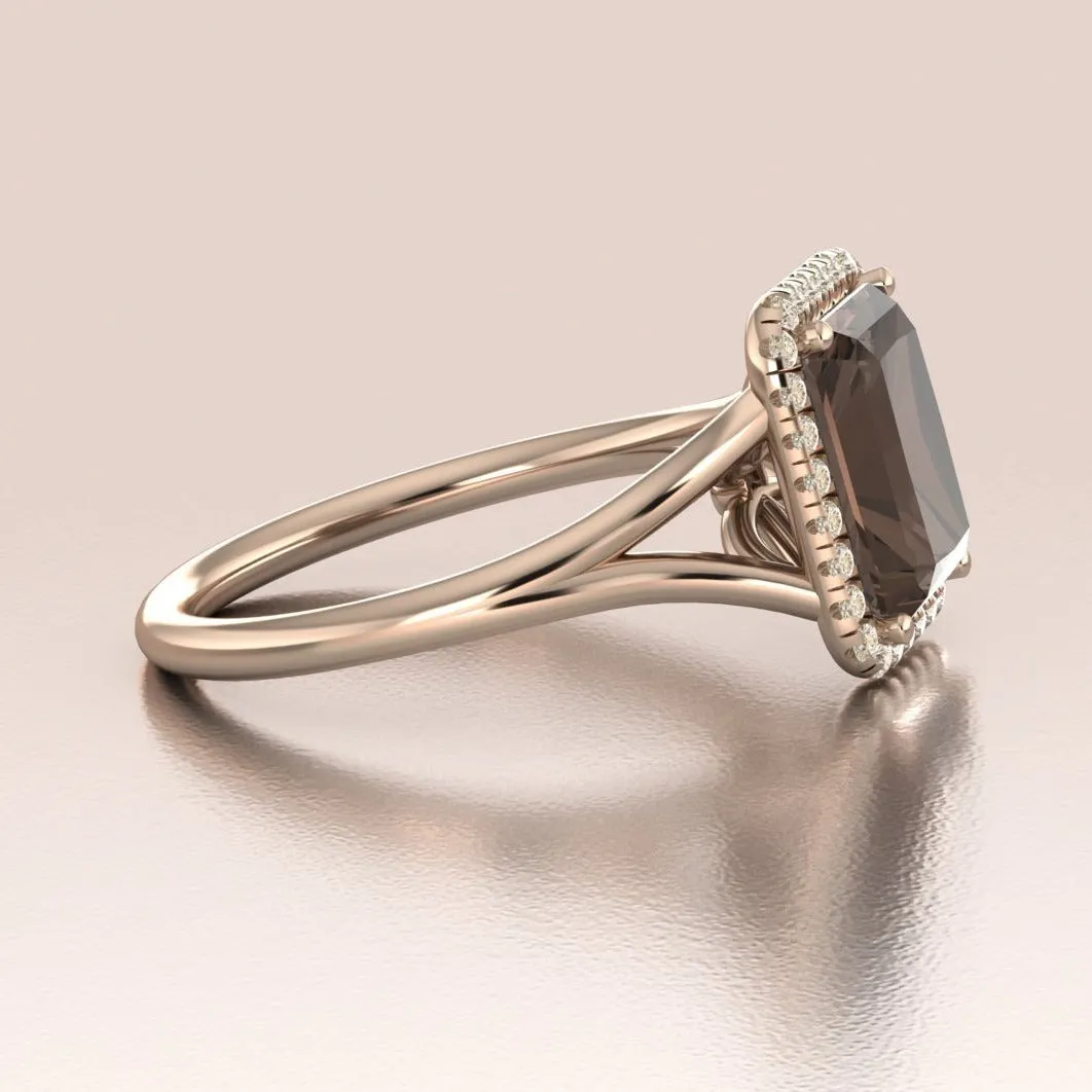 Emerald cut Smoky Quartz Engagement Ring Diamond Halo 14K Rose Gold