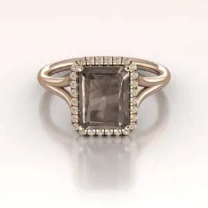 Emerald cut Smoky Quartz Engagement Ring Diamond Halo 14K Rose Gold