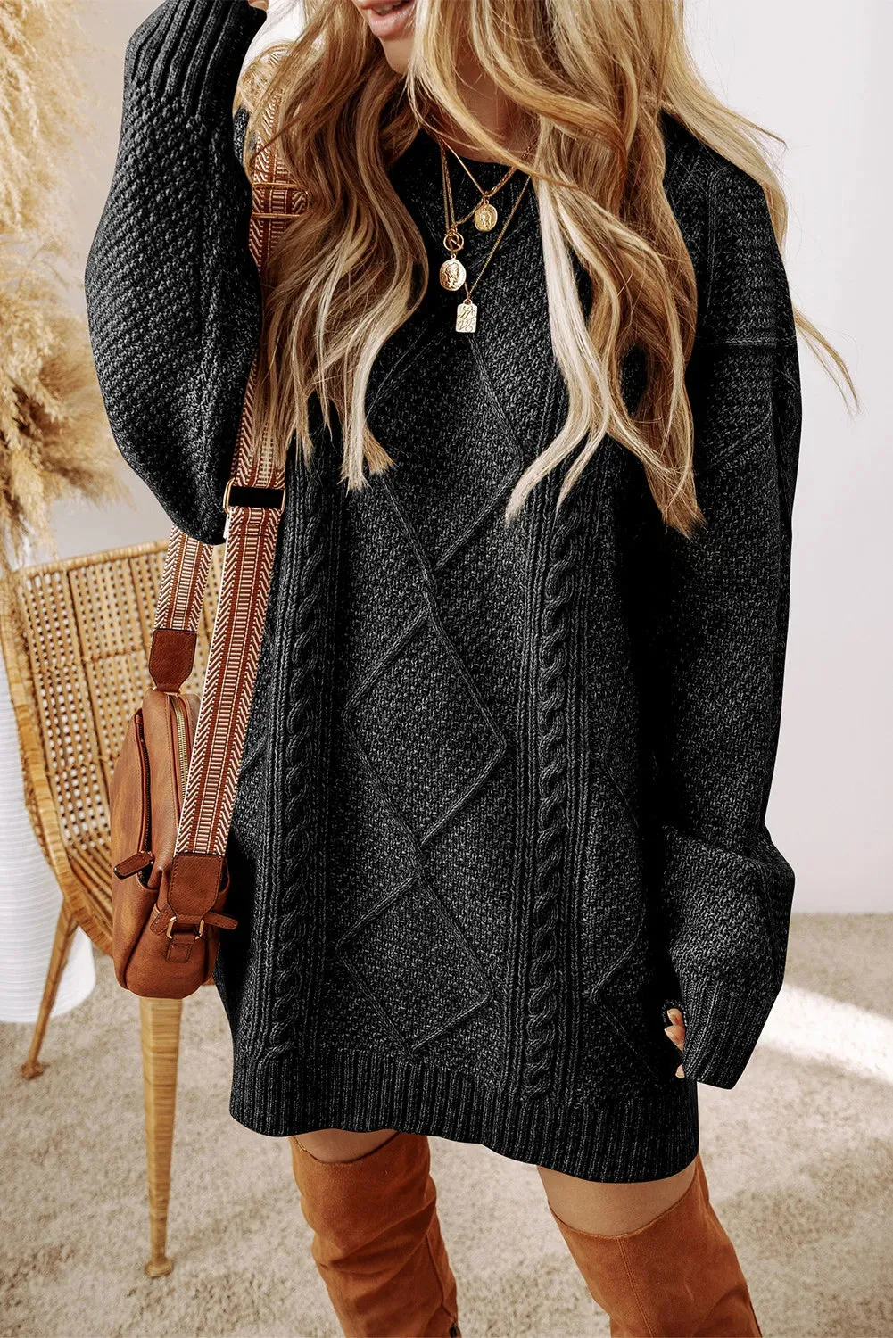 Emmy Cable-Knit Round Neck Sweater Dress