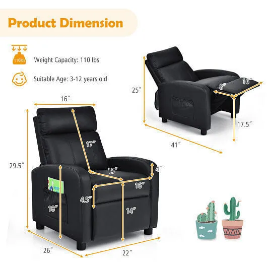 Ergonomic PU Leather Kids Recliner Lounge Sofa for 3-12 Age Group-Black - Color: