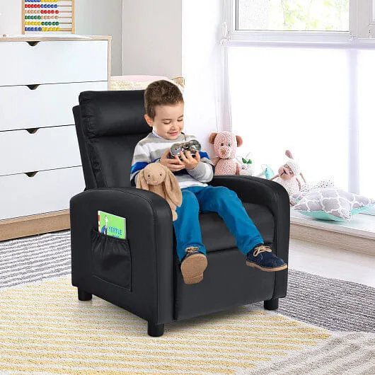 Ergonomic PU Leather Kids Recliner Lounge Sofa for 3-12 Age Group-Black - Color: