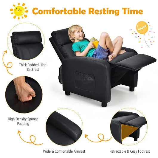 Ergonomic PU Leather Kids Recliner Lounge Sofa for 3-12 Age Group-Black - Color: