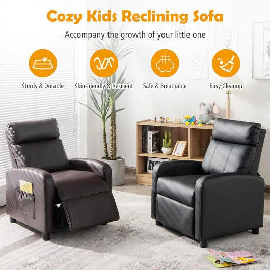 Ergonomic PU Leather Kids Recliner Lounge Sofa for 3-12 Age Group-Black - Color: