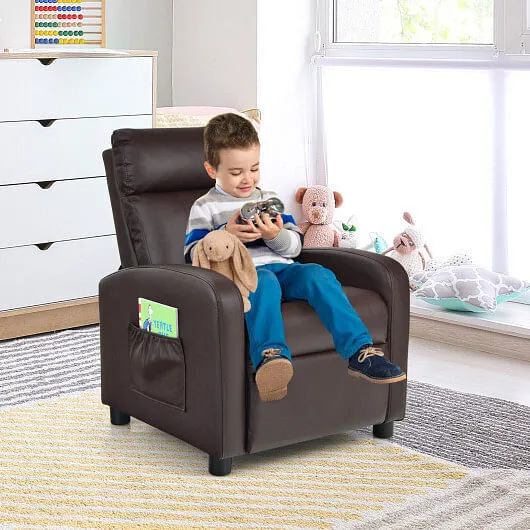Ergonomic PU Leather Kids Recliner Lounge Sofa for 3-12 Age Group-Brown - Color: