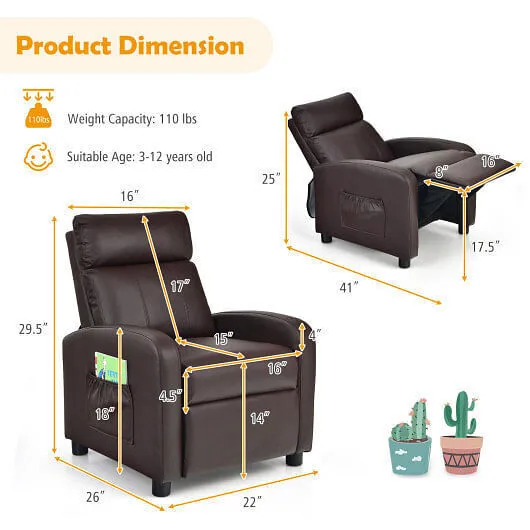 Ergonomic PU Leather Kids Recliner Lounge Sofa for 3-12 Age Group-Brown - Color: