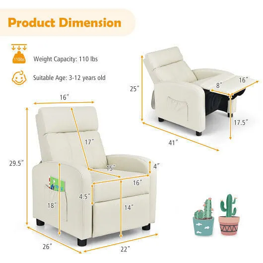Ergonomic PU Leather Kids Recliner Lounge Sofa for 3-12 Age Group-White - Color: