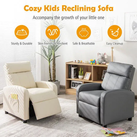 Ergonomic PU Leather Kids Recliner Lounge Sofa for 3-12 Age Group-White - Color: