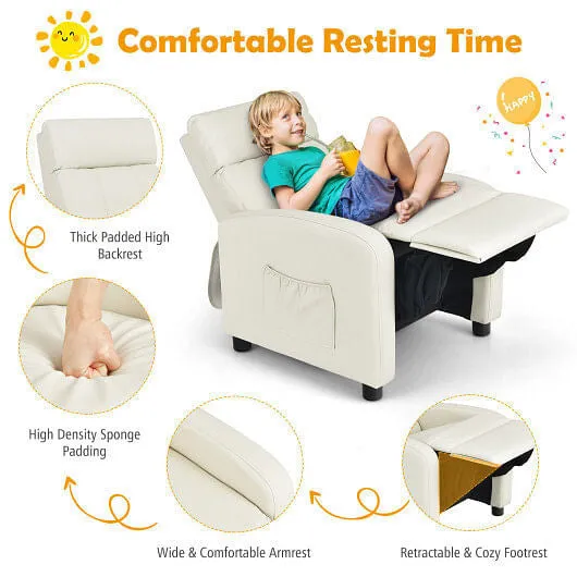 Ergonomic PU Leather Kids Recliner Lounge Sofa for 3-12 Age Group-White - Color: