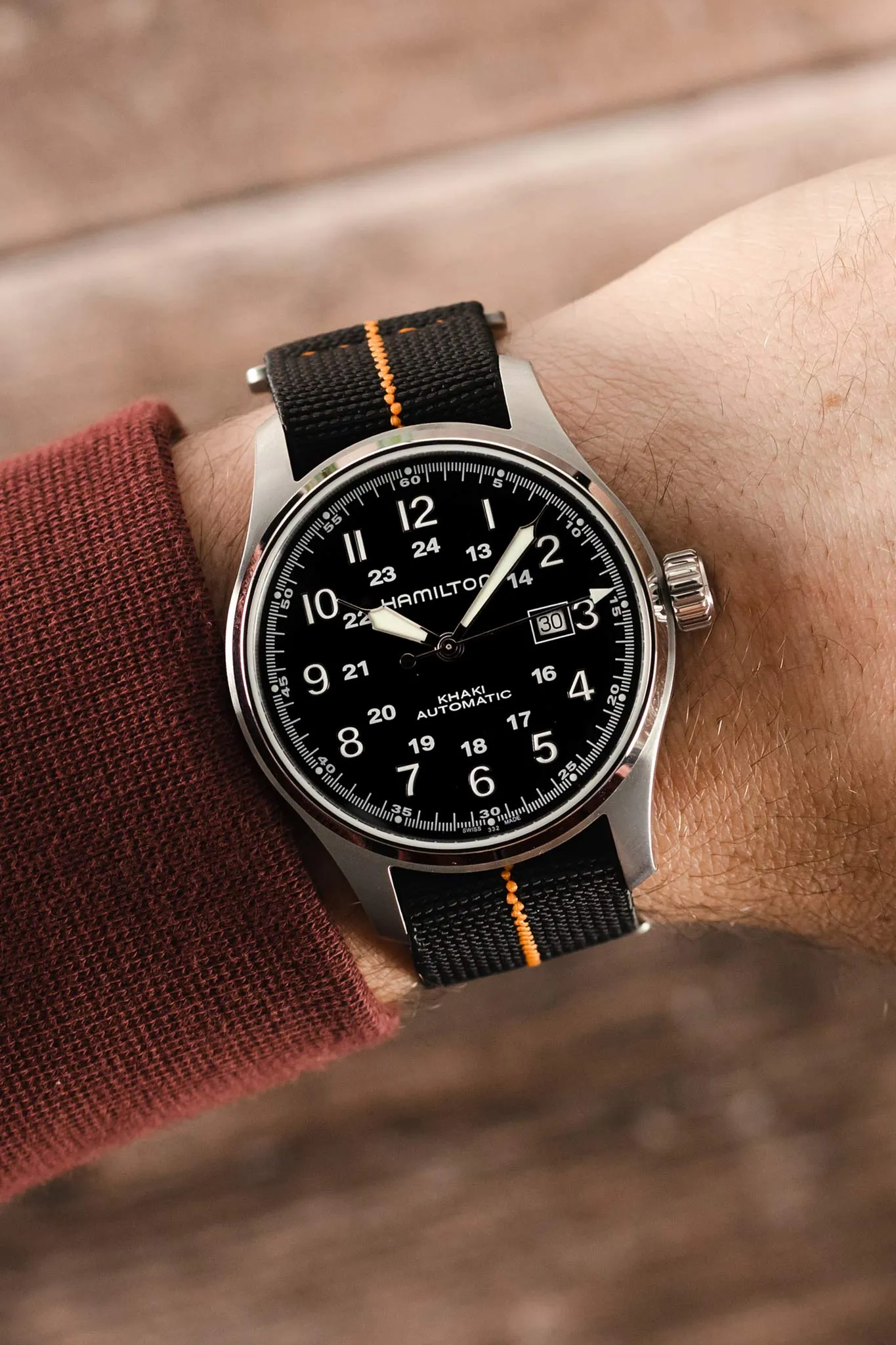 Erika's Originals BLACK OPS MN™ Strap with ORANGE Centerline - BRUSHED Hardware