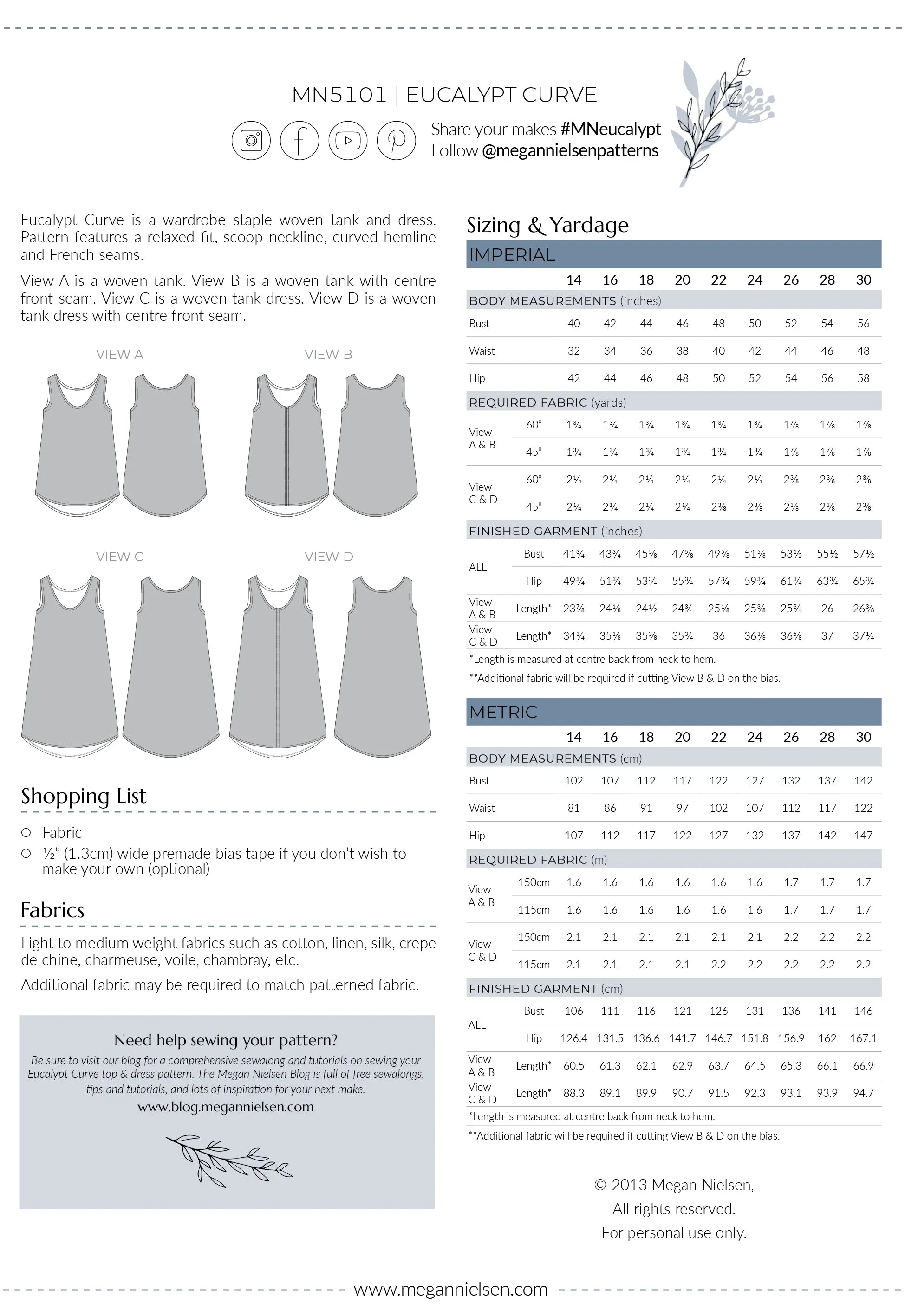 Eucalypt Curve woven tank top & dress pattern