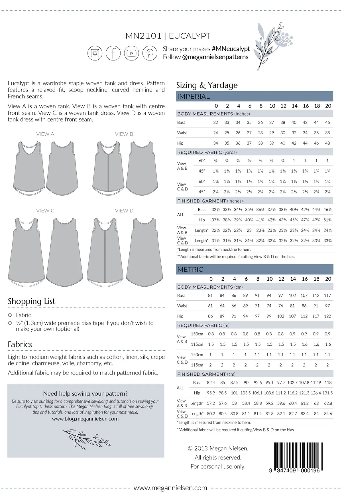 Eucalypt woven tank top & dress pattern