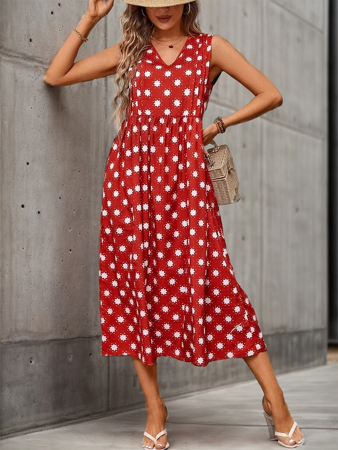 Evelynn Printed V-Neck Sleeveless Midi Dress