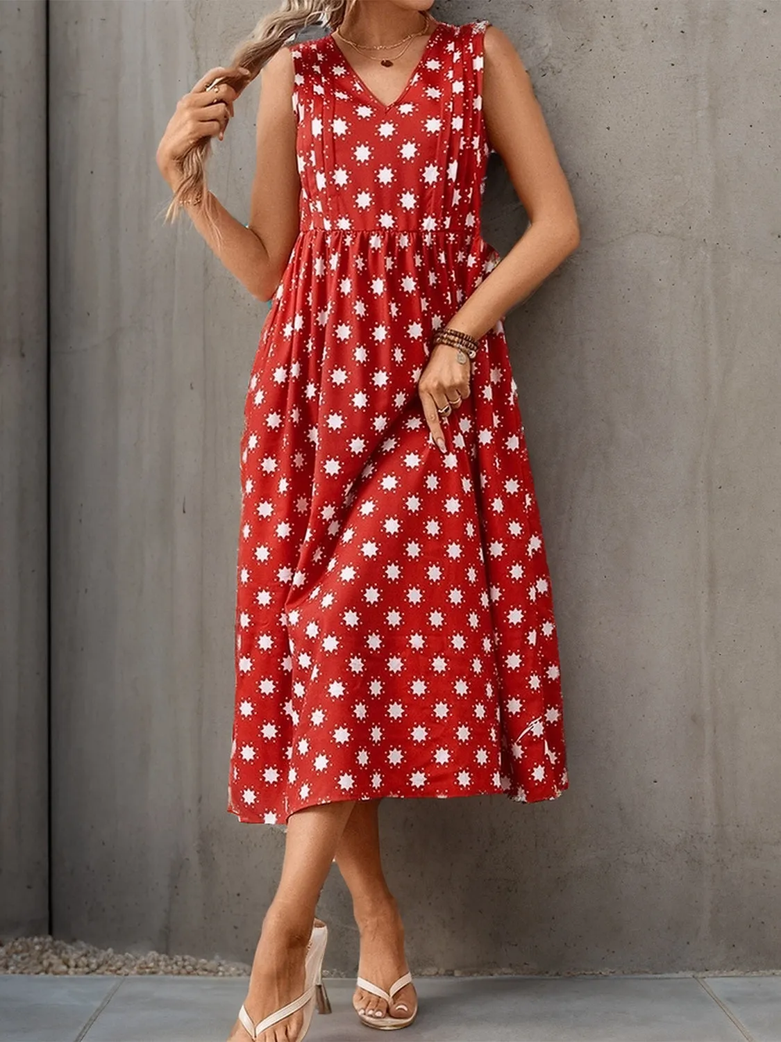Evelynn Printed V-Neck Sleeveless Midi Dress