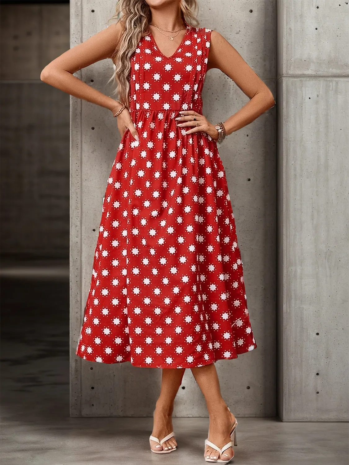 Evelynn Printed V-Neck Sleeveless Midi Dress