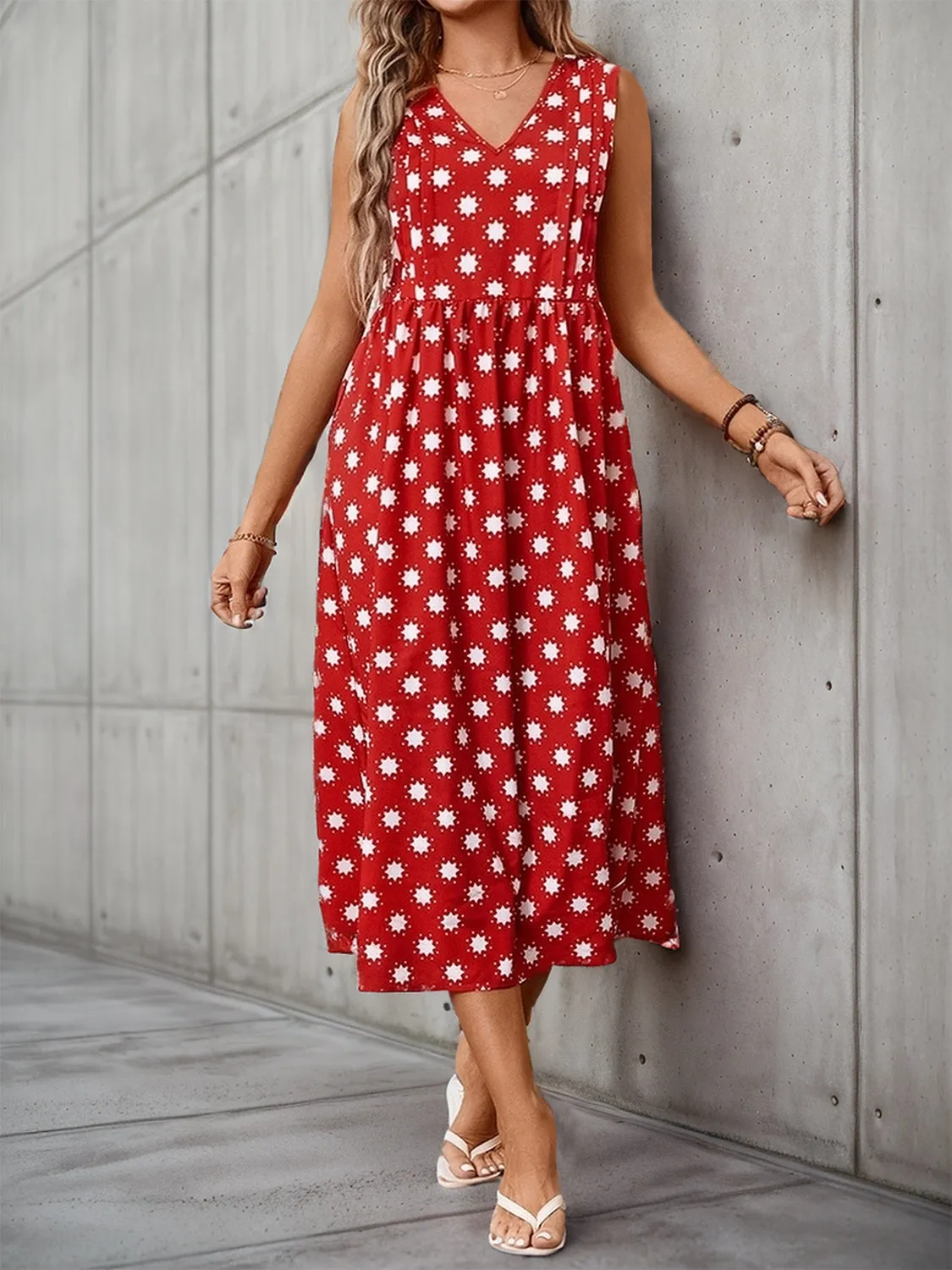Evelynn Printed V-Neck Sleeveless Midi Dress