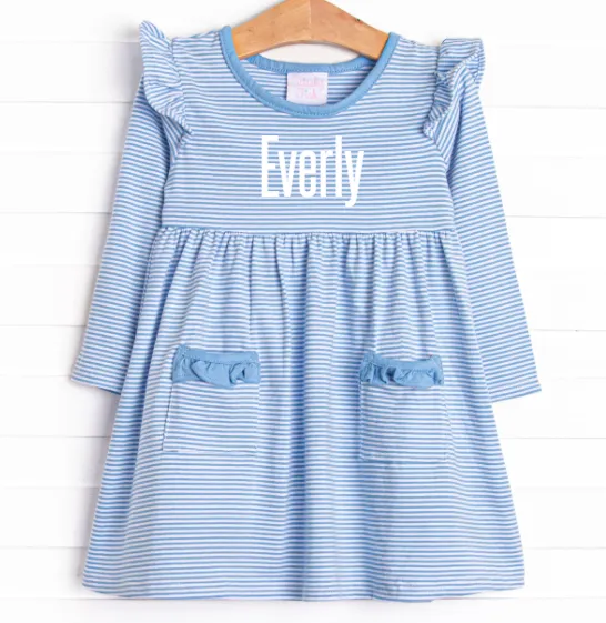 Everly Long Sleeve Dress, Medium Blue Stripe