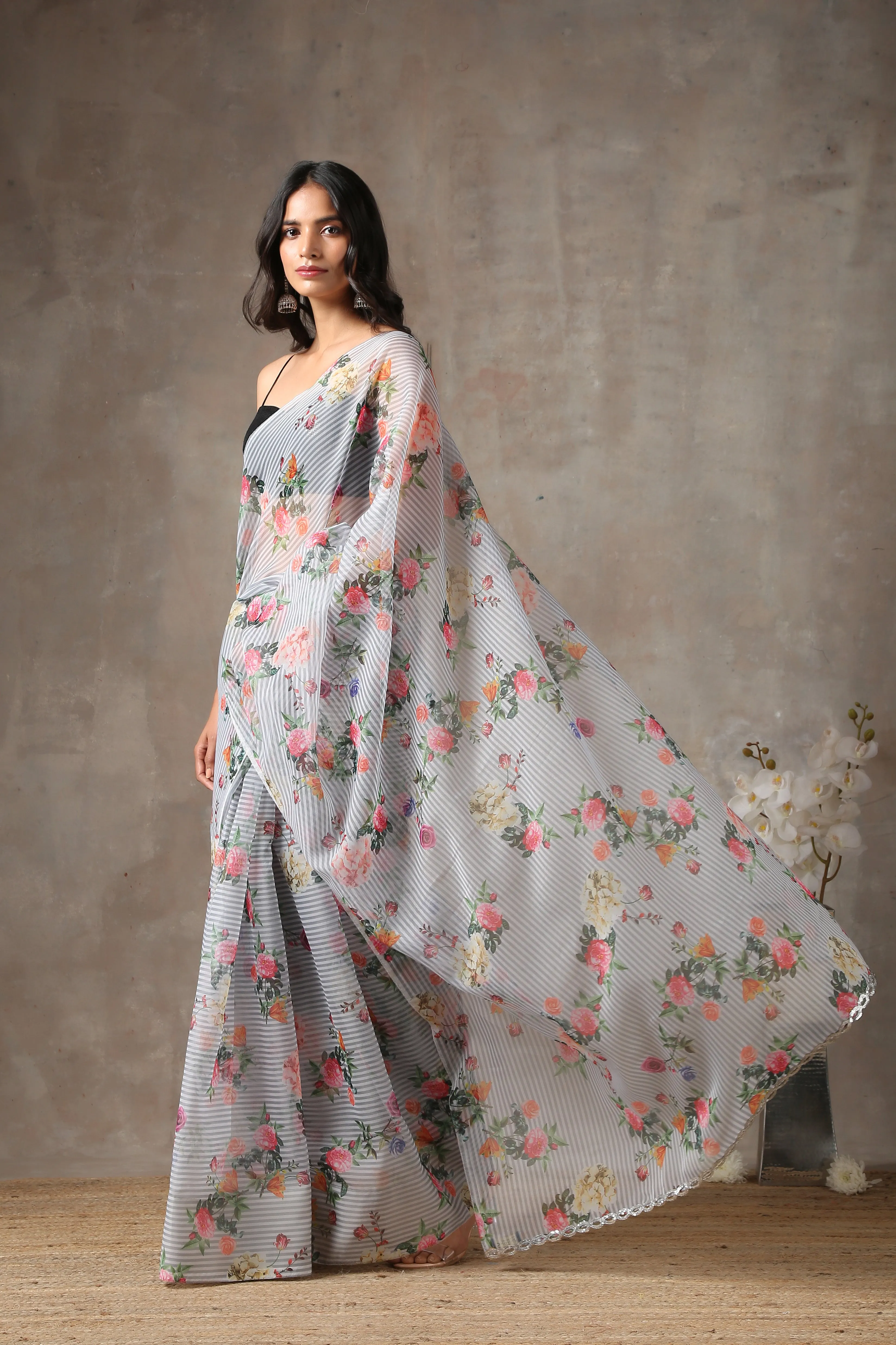 Eves Garden Stripe Organza Saree
