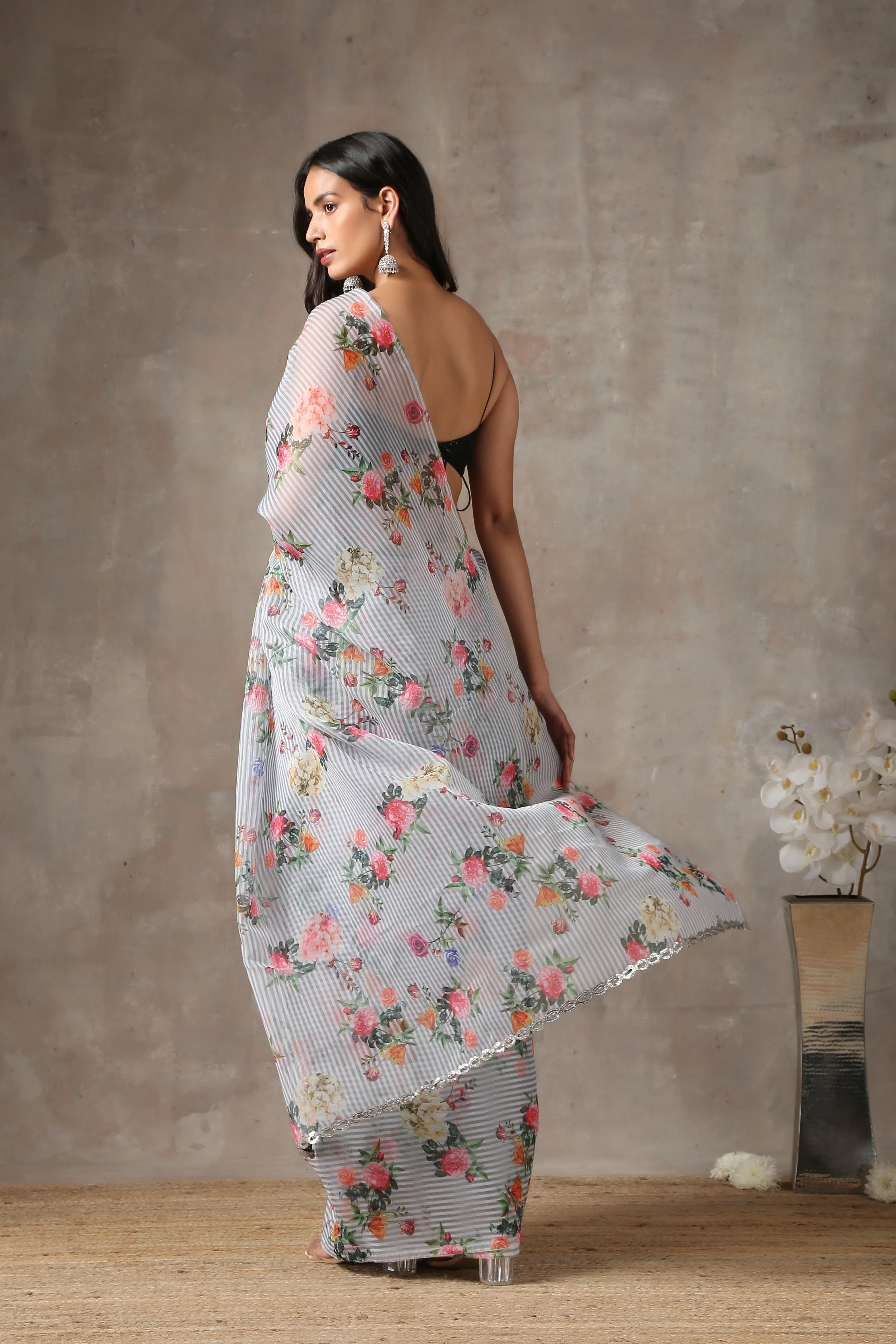 Eves Garden Stripe Organza Saree