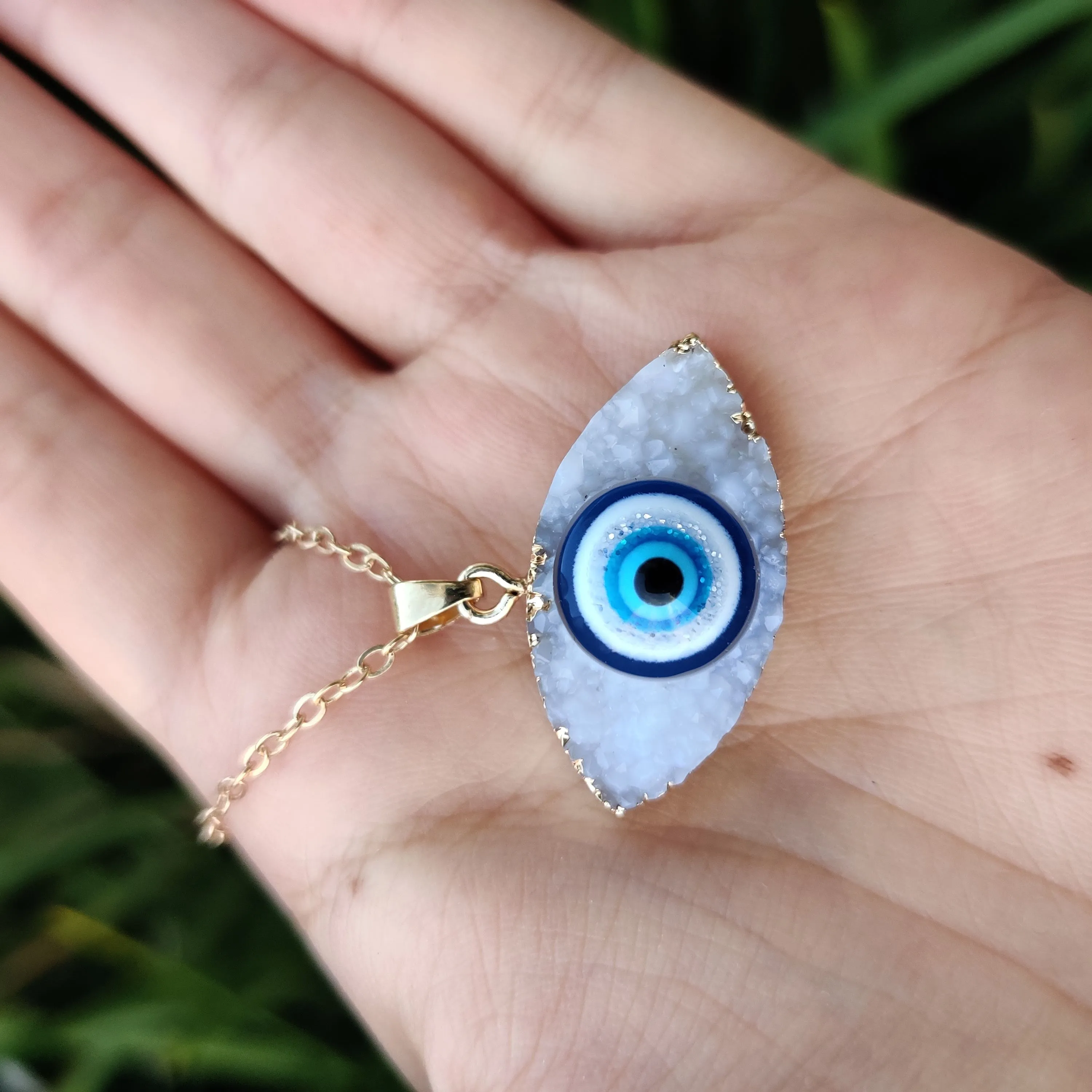 Evil Eye Crystal Druze Pendant with Gold Chain