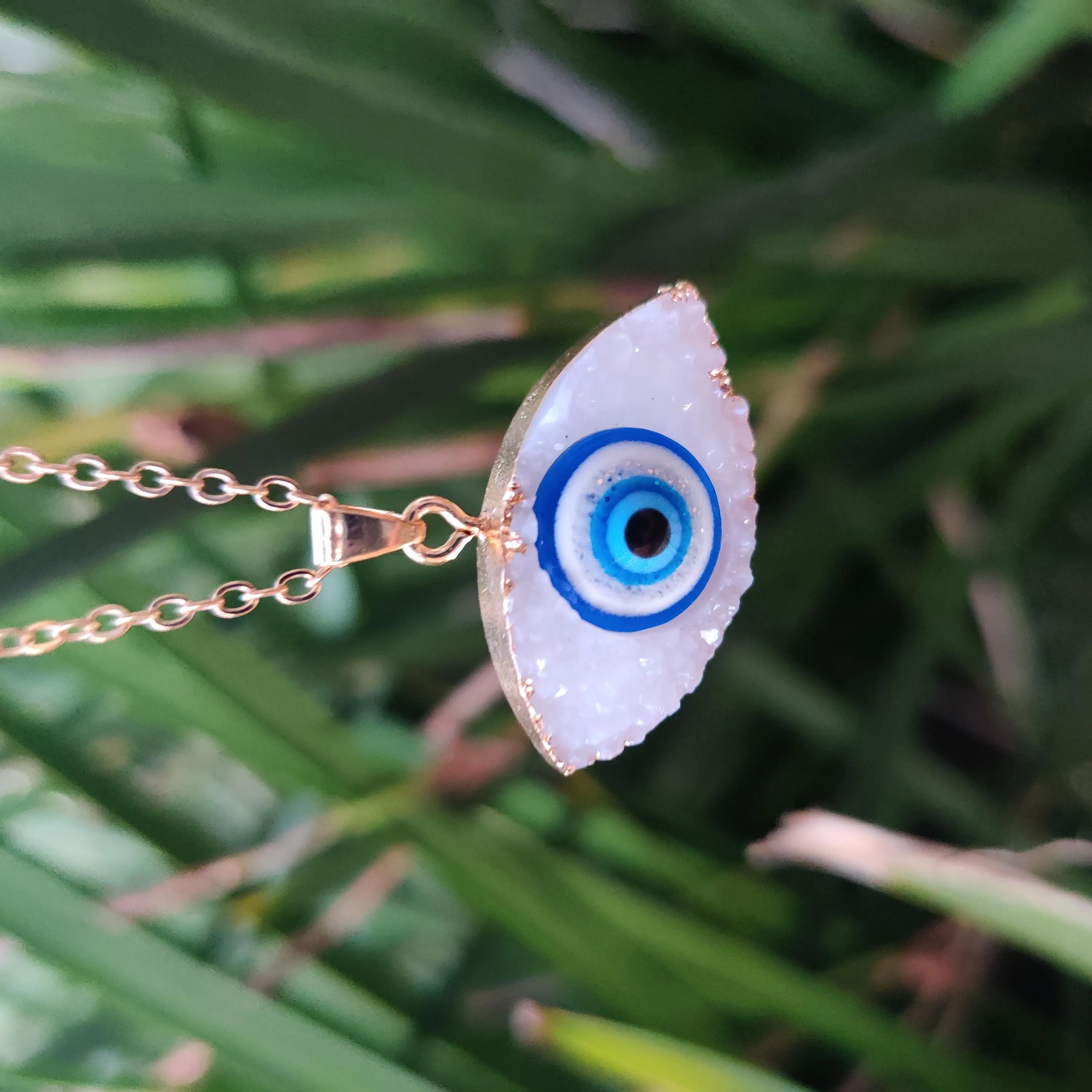 Evil Eye Crystal Druze Pendant with Gold Chain