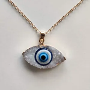 Evil Eye Crystal Druze Pendant with Gold Chain