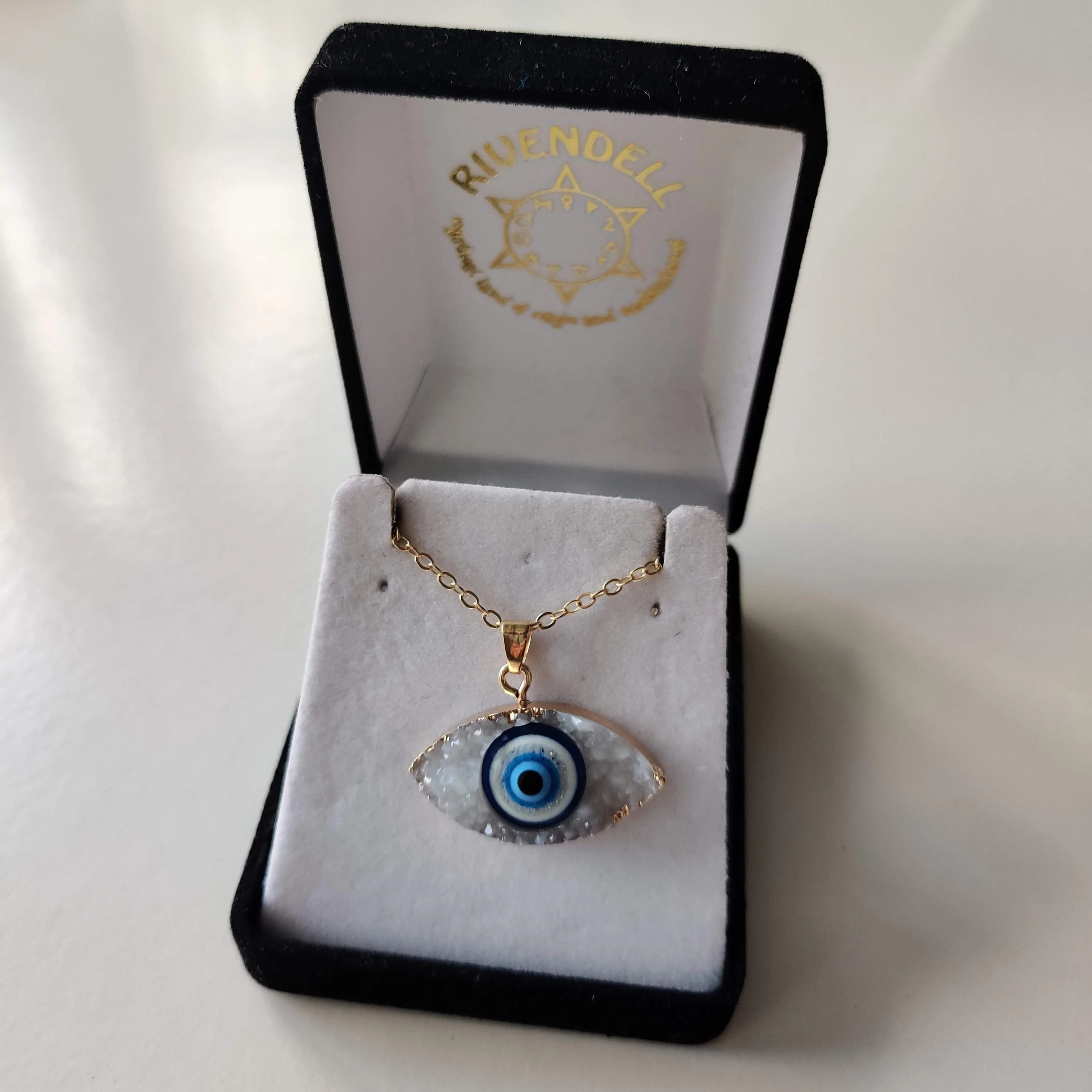 Evil Eye Crystal Druze Pendant with Gold Chain