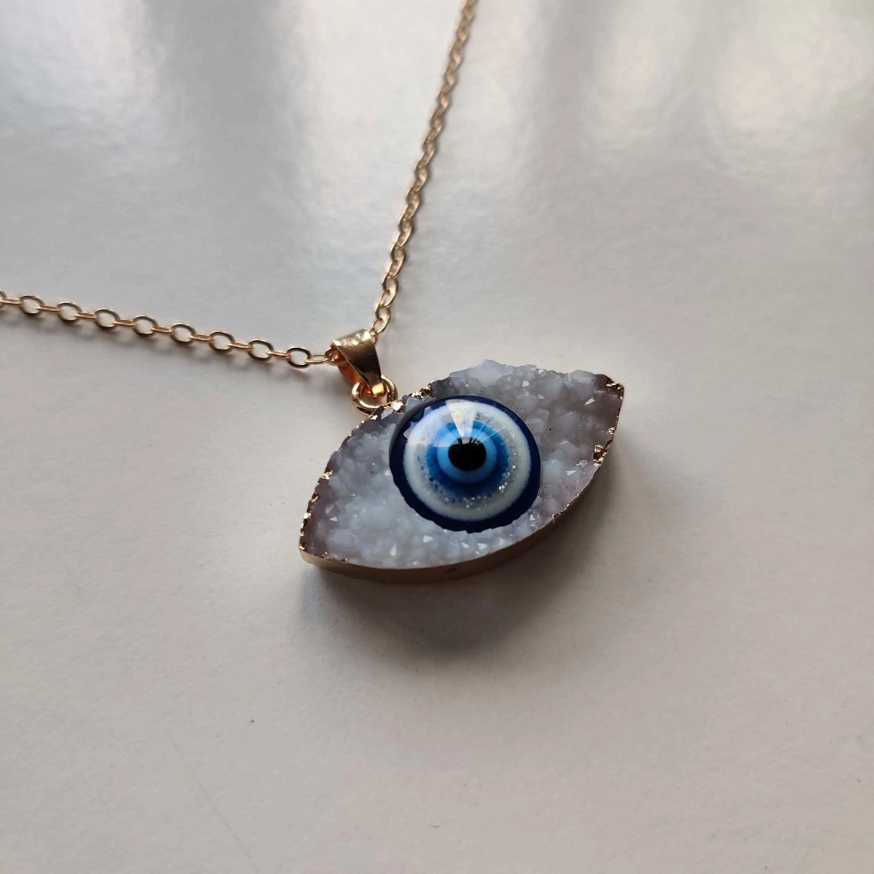 Evil Eye Crystal Druze Pendant with Gold Chain