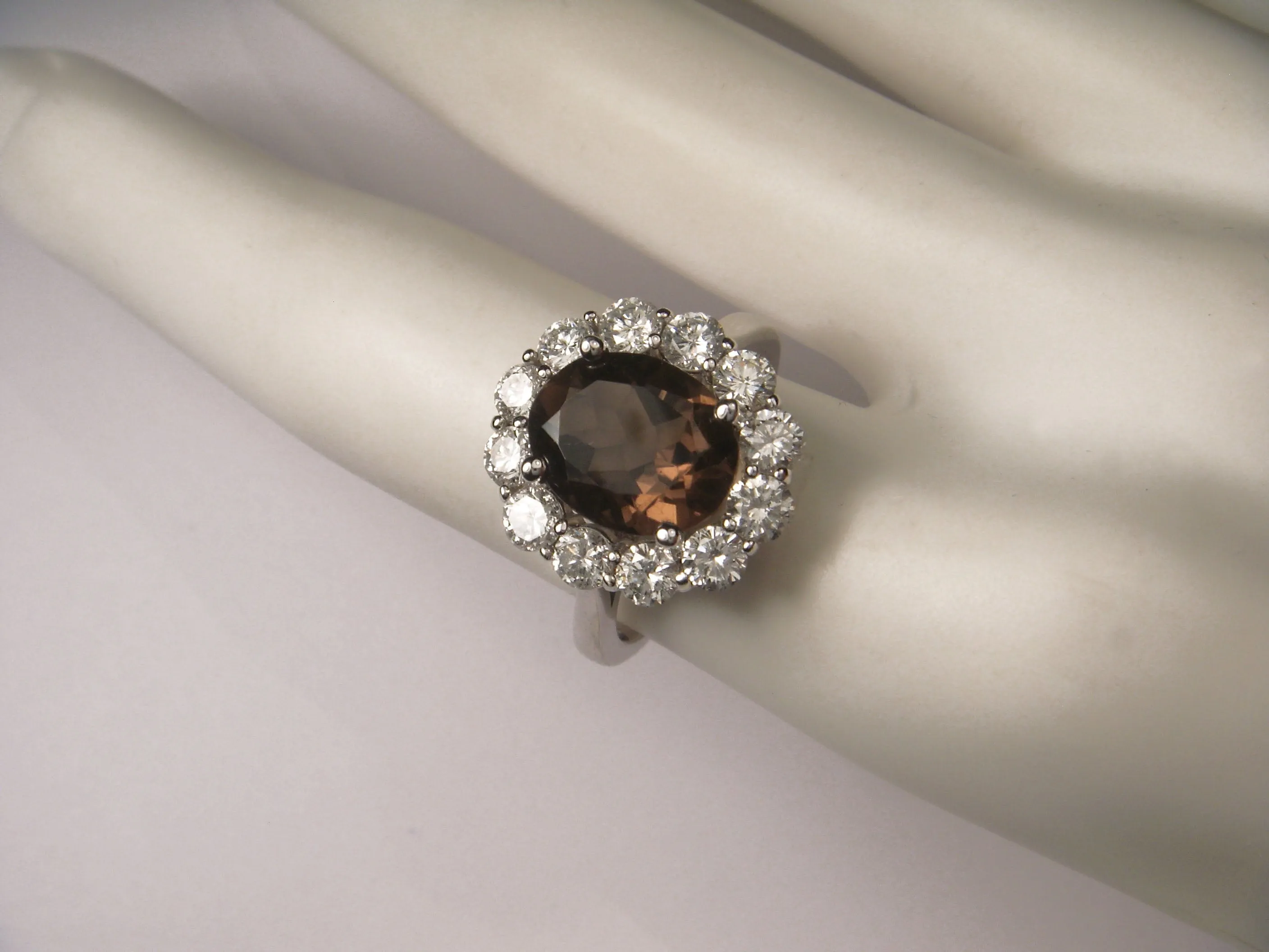 Exquisite 14K White Gold Huge Smokey Quartz Diamond Ring Band