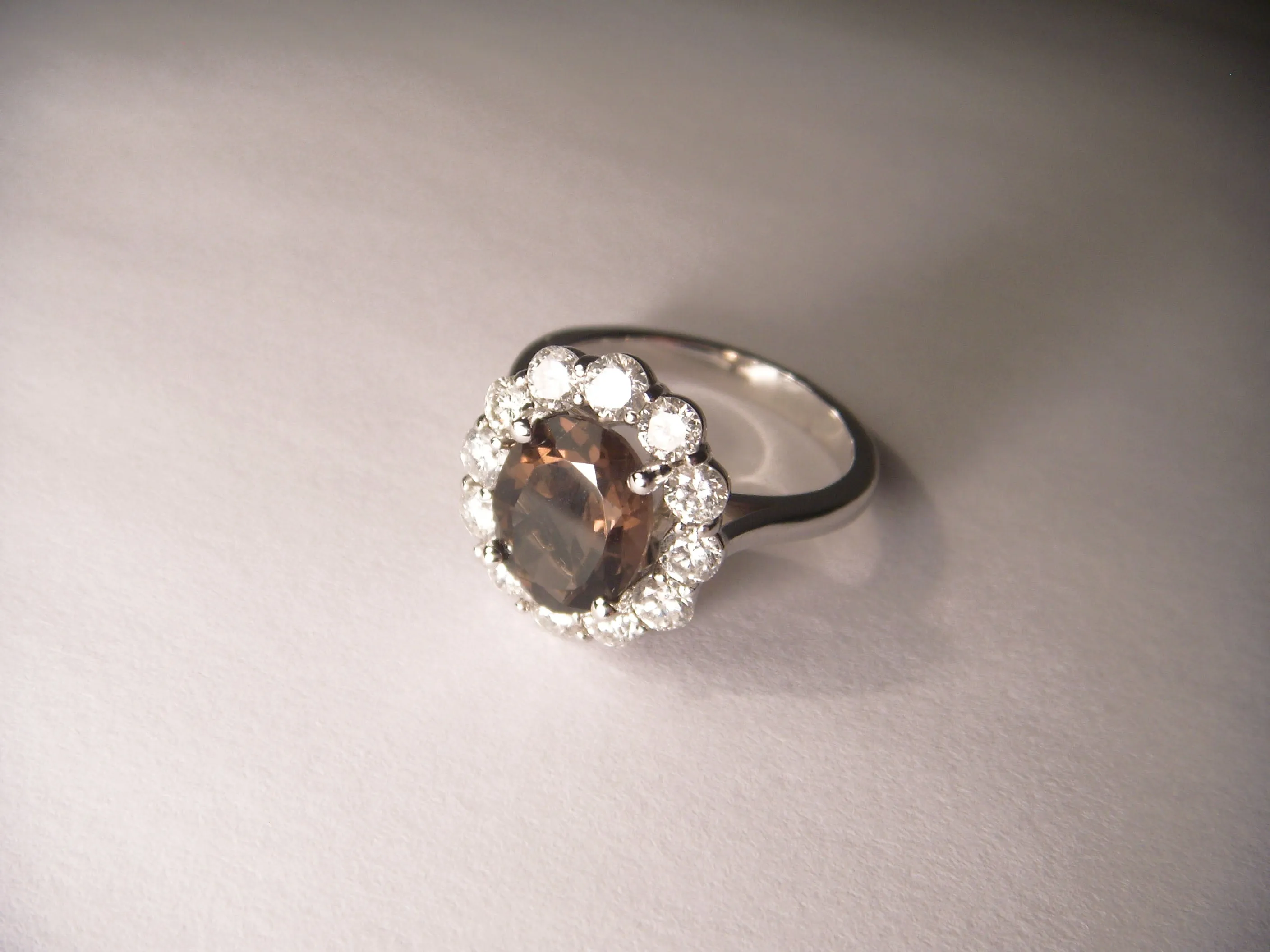 Exquisite 14K White Gold Huge Smokey Quartz Diamond Ring Band