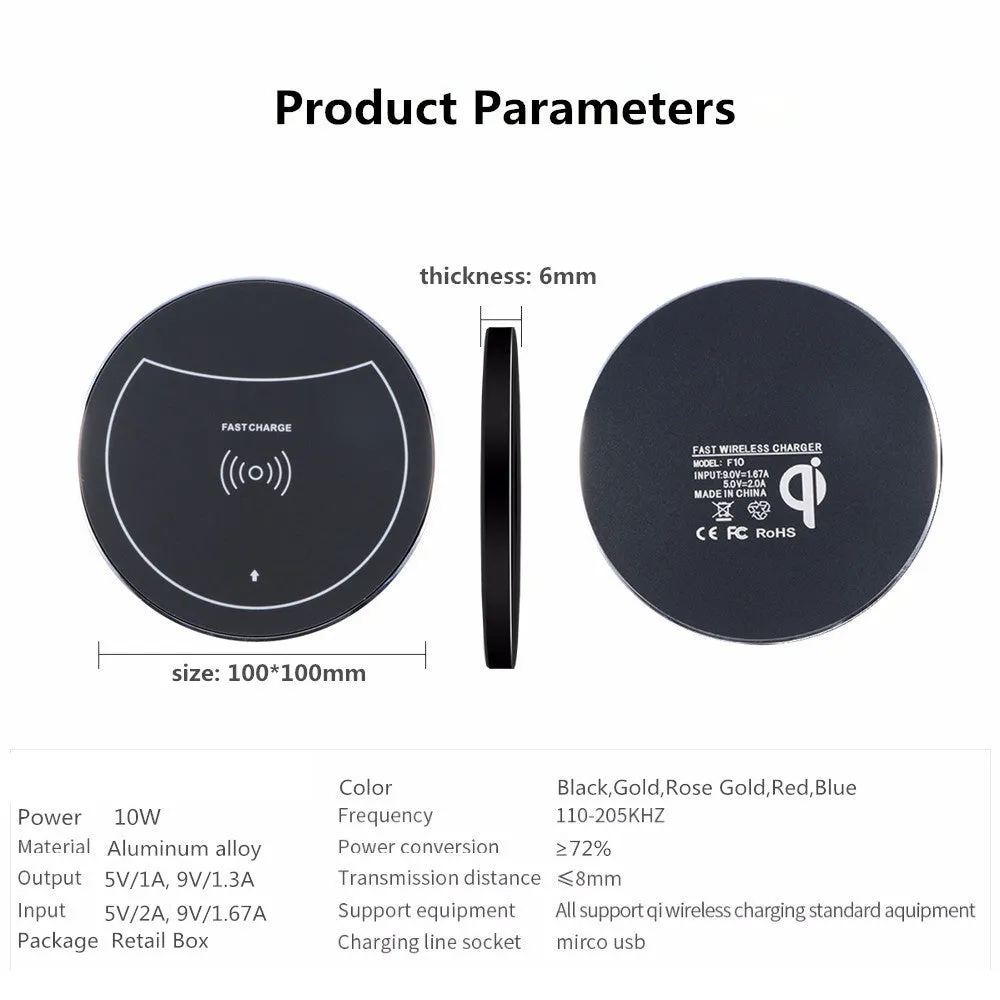 F10 Ultrathin Qi Fast Wireless Charger Pad for iPhone 8 Apple X Samsung Galaxy S7 S7 S8 Plus Phone Base red