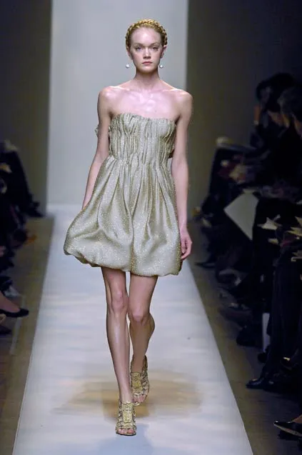 Fall 2007 Bottega Veneta by Tomas Maier Strapless Gold Metallic Dress w Puffed Skirt