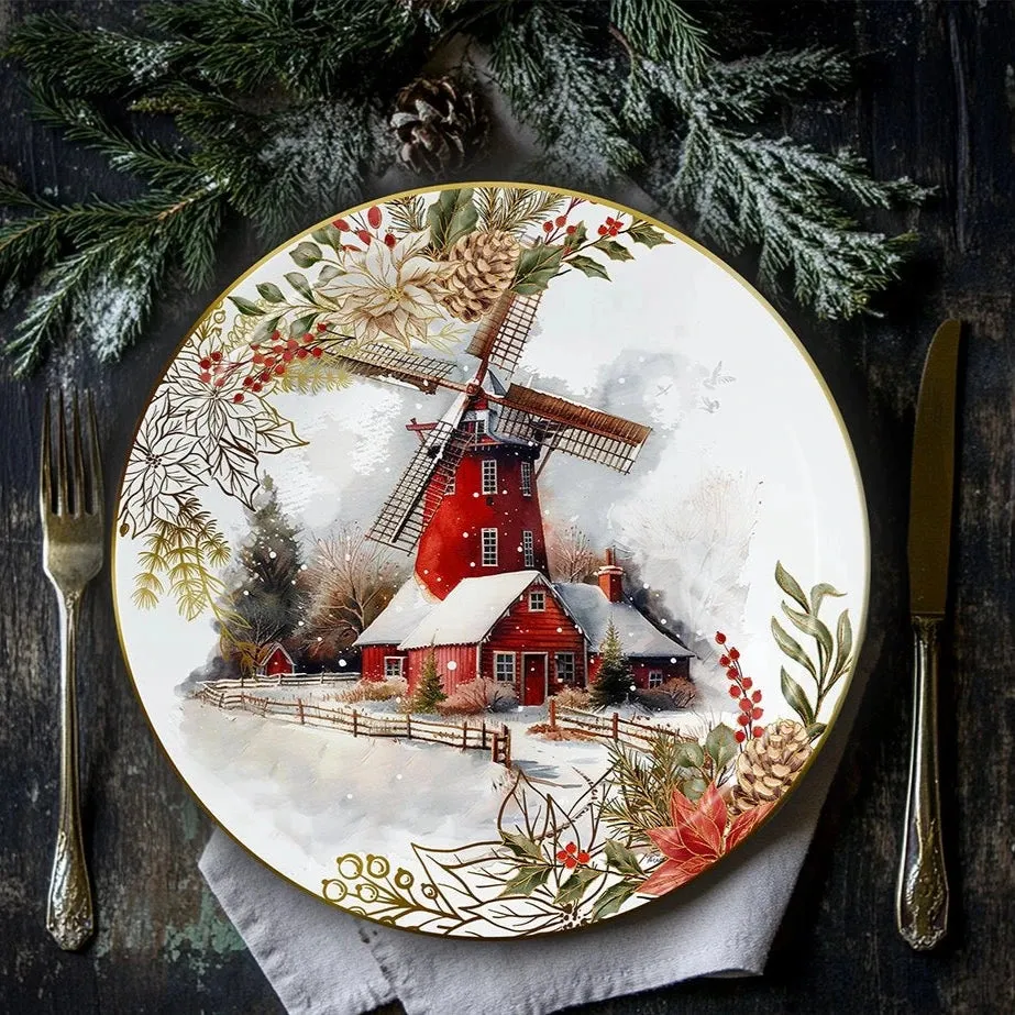 Farmhouse Christmas Set of 4 Plates with Real Gold Elements