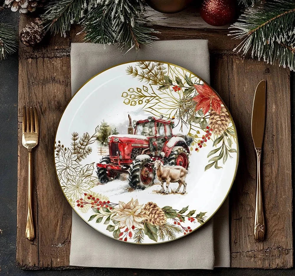 Farmhouse Christmas Set of 4 Plates with Real Gold Elements