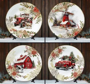 Farmhouse Christmas Set of 4 Plates with Real Gold Elements
