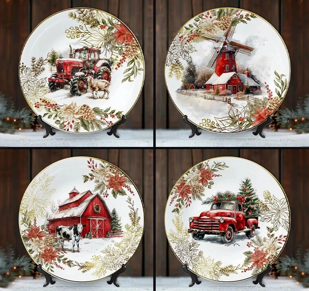 Farmhouse Christmas Set of 4 Plates with Real Gold Elements