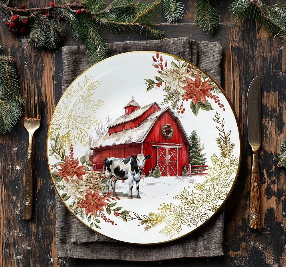 Farmhouse Christmas Set of 4 Plates with Real Gold Elements