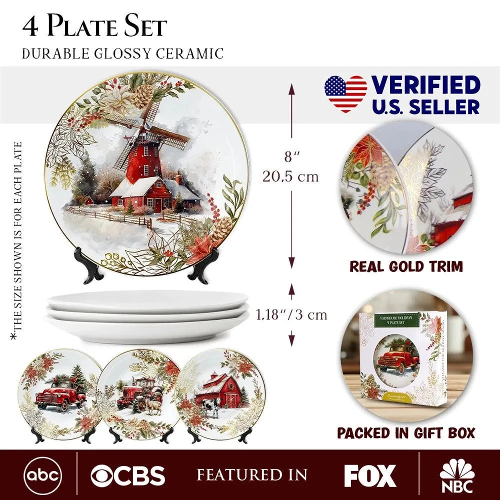 Farmhouse Christmas Set of 4 Plates with Real Gold Elements