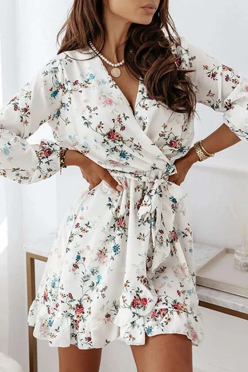Fashion Street Print Patchwork V Neck A Line Dresses(4 Colors)