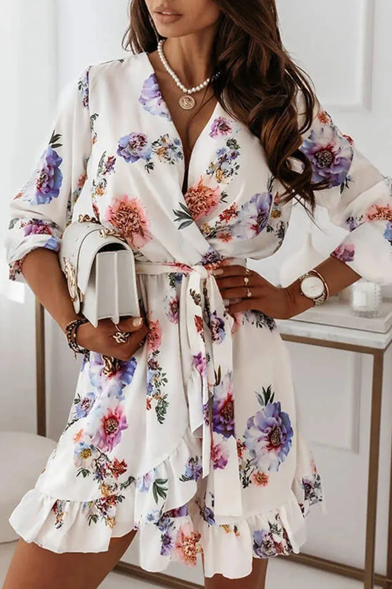 Fashion Street Print Patchwork V Neck A Line Dresses(4 Colors)