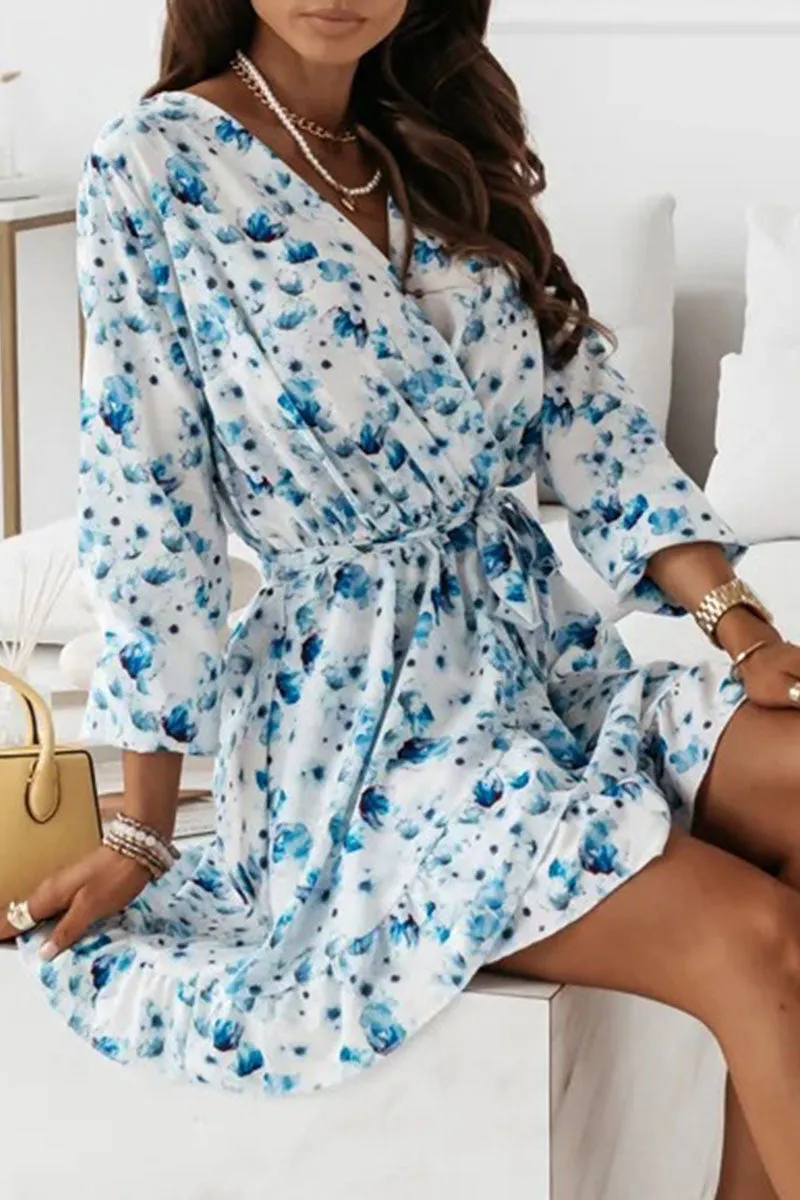 Fashion Street Print Patchwork V Neck A Line Dresses(4 Colors)