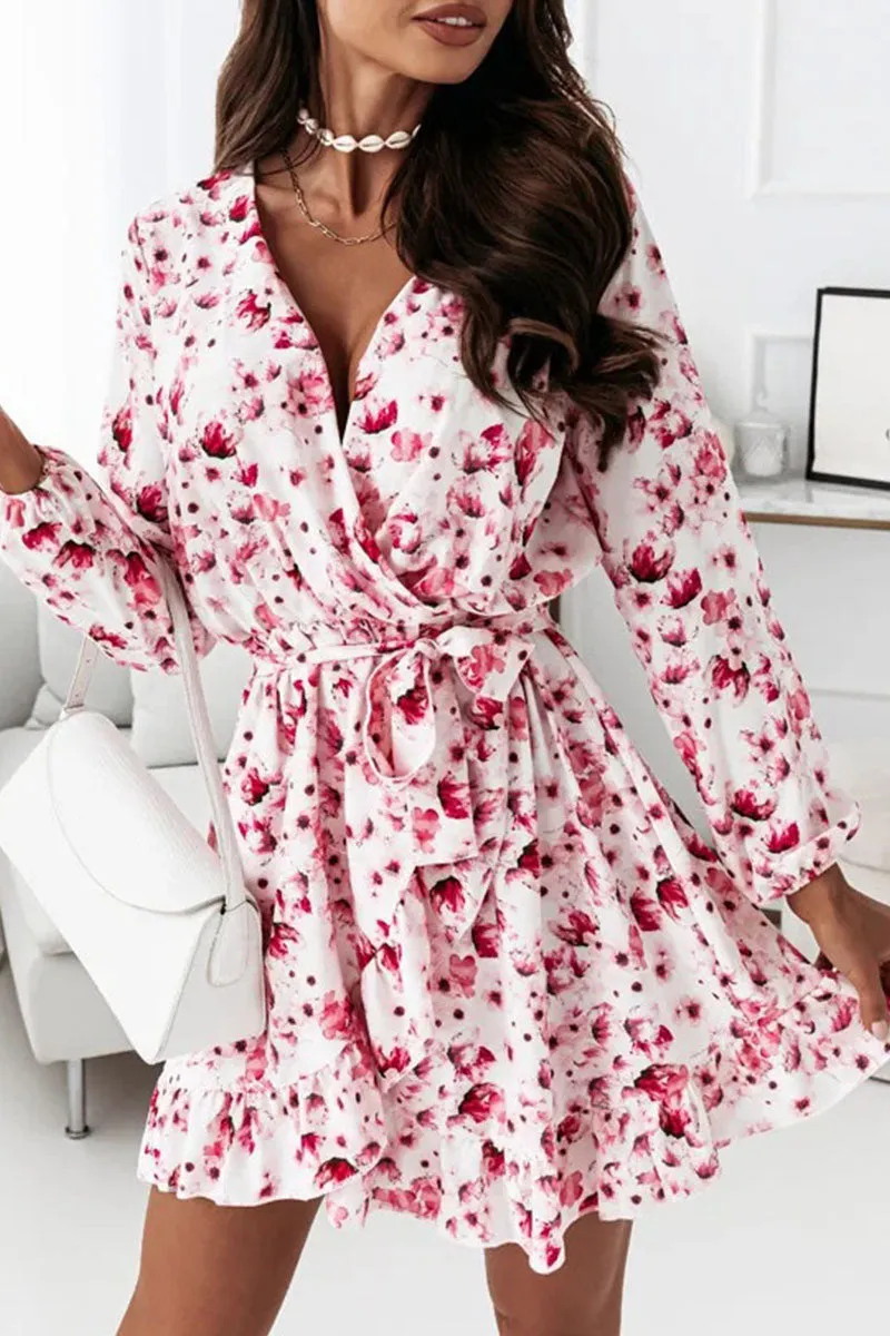 Fashion Street Print Patchwork V Neck A Line Dresses(4 Colors)