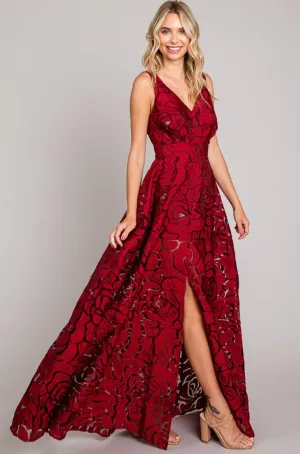 Federica Wine Jacquard Print Long Dress