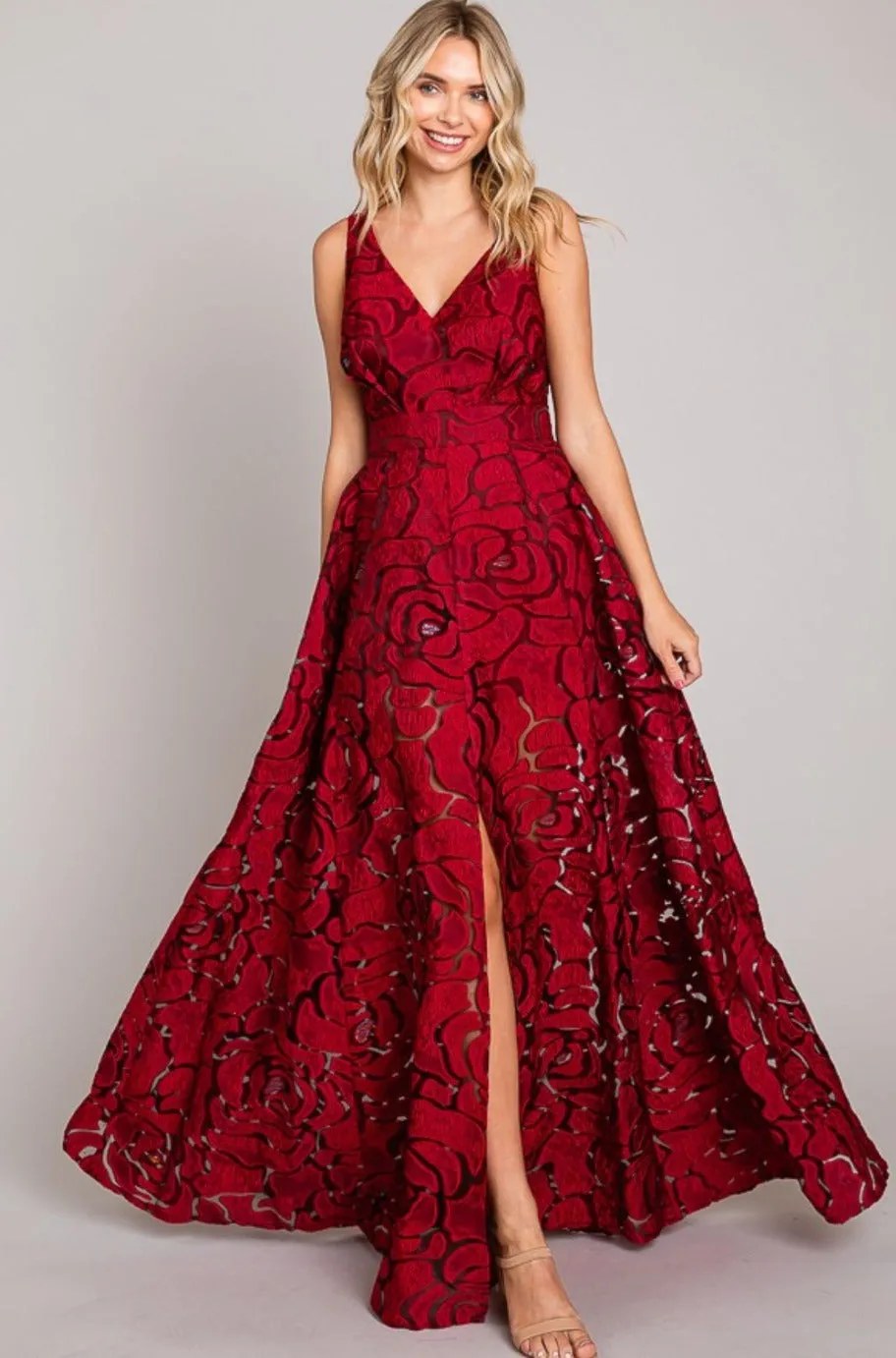 Federica Wine Jacquard Print Long Dress