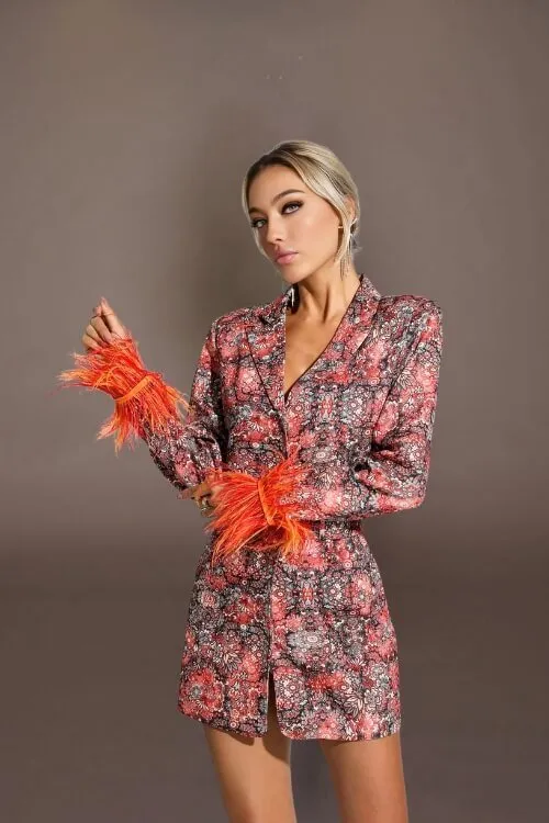 Fiery Feather-Trim Floral Blazer Dress
