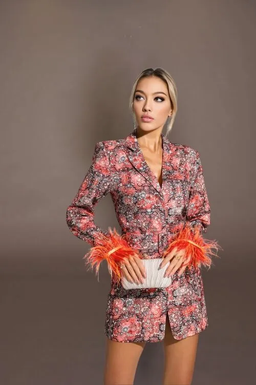 Fiery Feather-Trim Floral Blazer Dress
