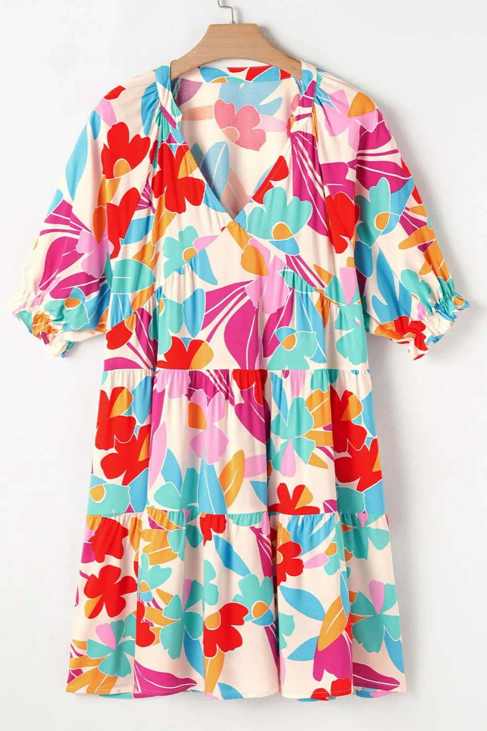Floral Bubble Sleeve V Neck Tiered Ruffle Babydoll Dress