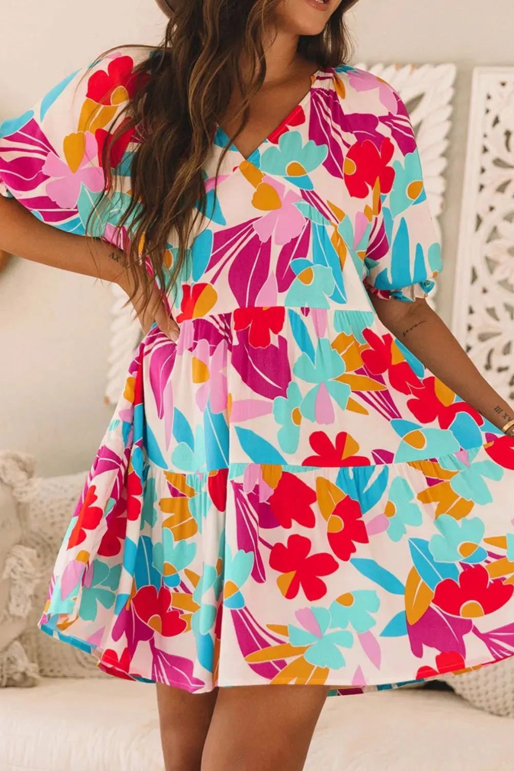 Floral Bubble Sleeve V Neck Tiered Ruffle Babydoll Dress