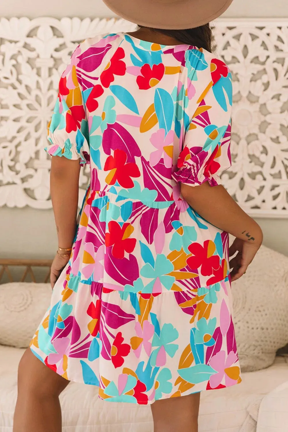 Floral Bubble Sleeve V Neck Tiered Ruffle Babydoll Dress